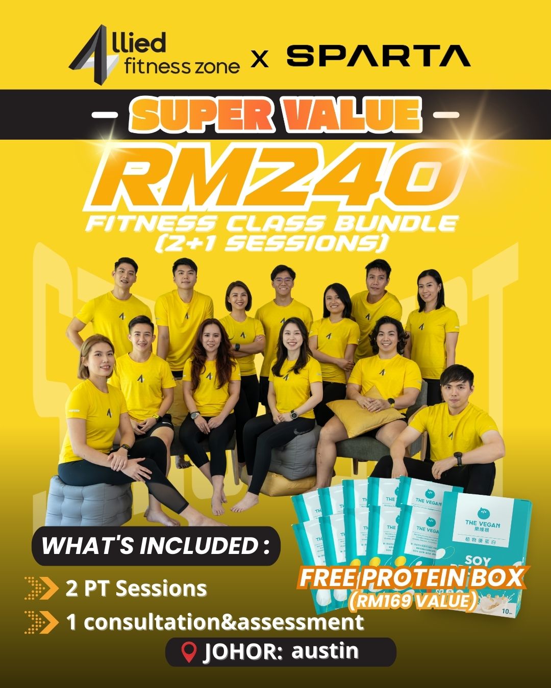 <span style="color: purple;">Allied Fitness Zone Fitness |Mount Austin |1 on 1 coach - 3 Session +(10 Protein Sachets) </span>