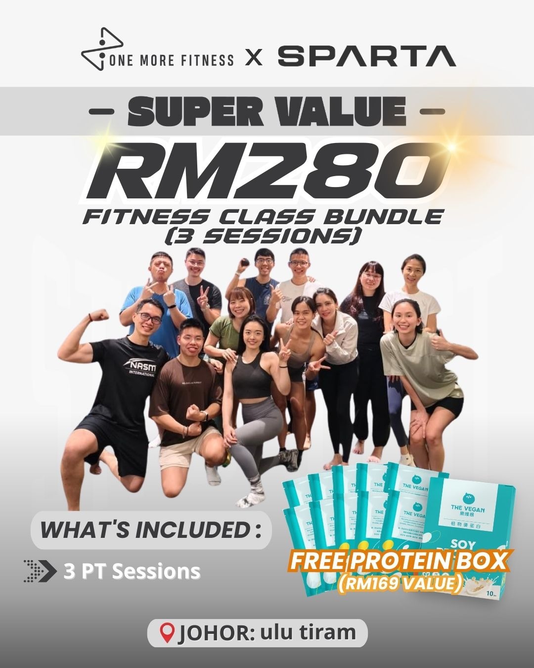 <span style="color: purple;">ONEMORE Fitness |Ulu Tiram |1 on 1 coach - 3 Session +(10 Protein Sachets) </span>