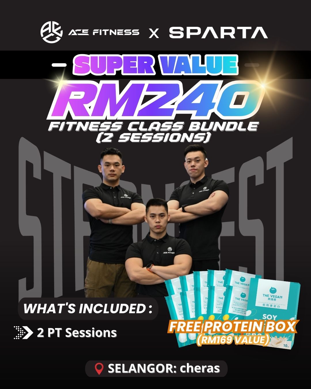 <span style="color: purple;">ACE Fitness |Cheras |1 on 1 coach - 3 Session +(10 Protein Sachets) </span>