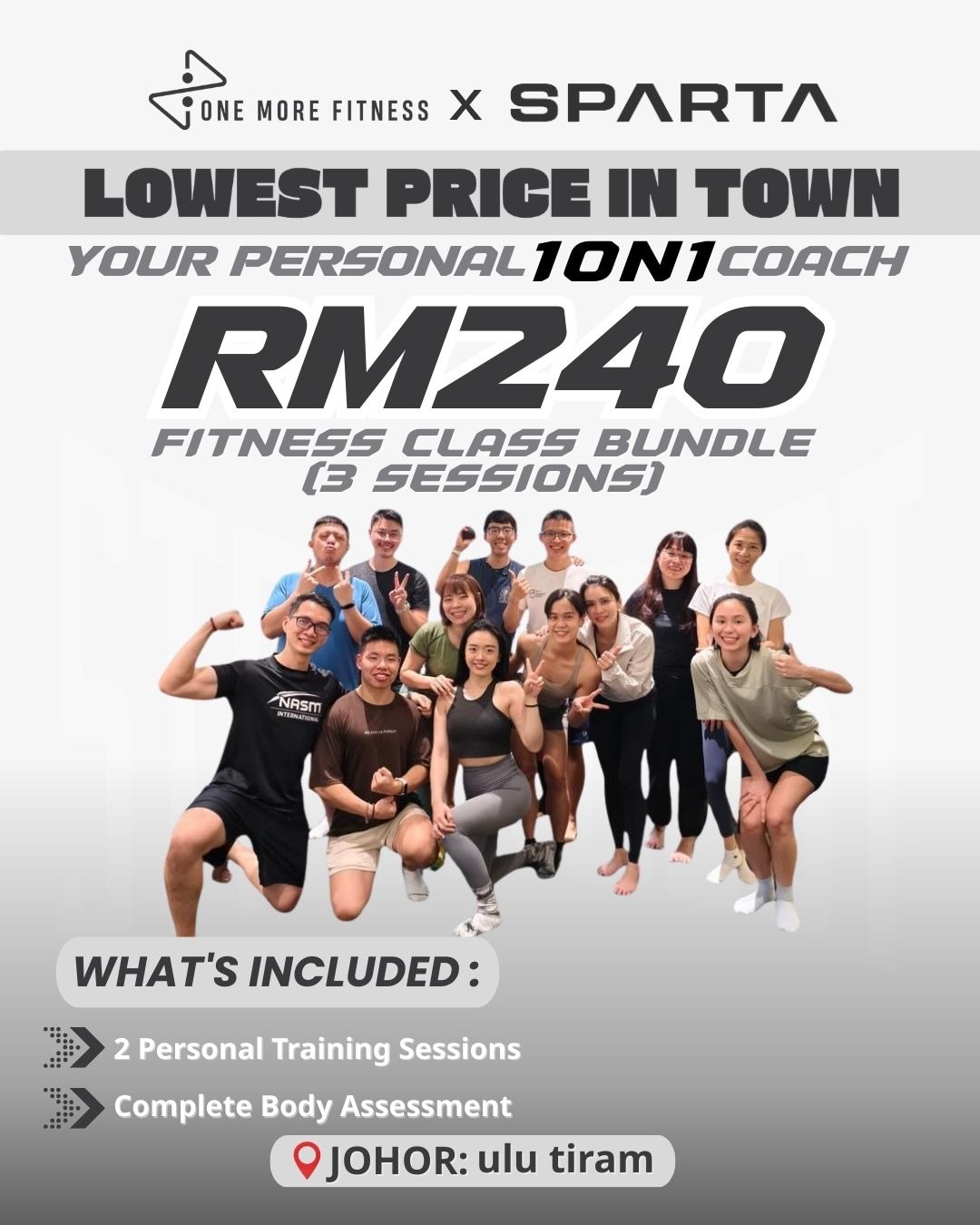 <span style="color: purple;">ONEMORE Fitness |Ulu Tiram |1 on 1 coach - 3 Session +(10 Protein Sachets) </span>